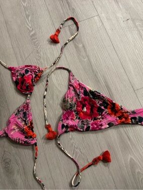 Pink Floral Triangle Bikini Top with Red Tassels